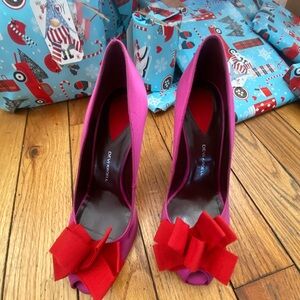 Devi Korell Pink Satin Peep-Toe Heels with Red Bow Size 38 1/2 Made in Italy
